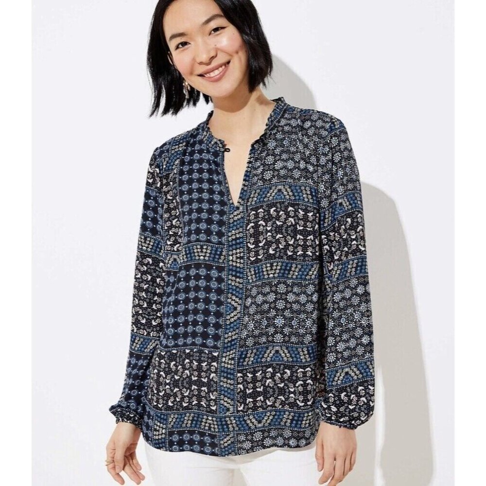 Loft Womens Medium Patchwork Back Peplum Blouse Long Sleeve‎ Shirt Top - Picture 3 of 12